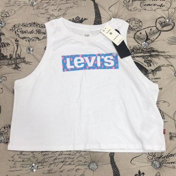 Levi's White Crop Top with Blue and Pink Logo - Picture 2 of 7